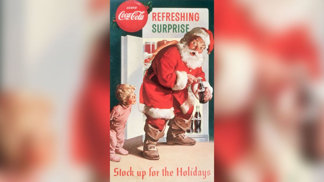 An undated Coca-Cola advertising poster shows a young boy surprising Santa Claus. 