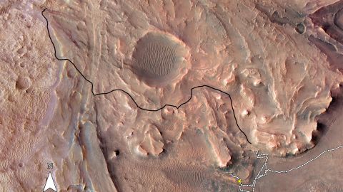 This map shows Perseverance's planned route through the top of the Jezero Crater delta in 2023.