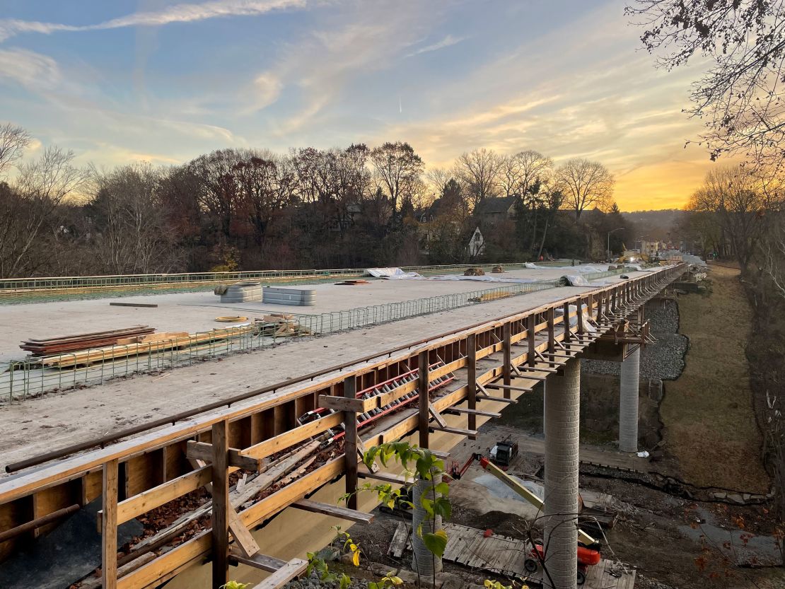 Construction on the Fern Hollow Bridge in Pittsburgh nears completion on November 8, 2022. 