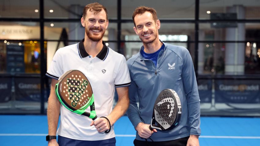 LONDON, ENGLAND - NOVEMBER 07: Andy Murray and Jamie Murray play Padel at the Game4Padel pop-up event. Game4Padel brings the world's fastest growing sport to Westfield London with a pop-up at Westfield White City on November 07, 2022 in London, England. (Photo by Luke Walker/Getty Images for Game4Padel)