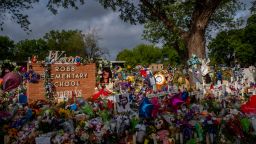 UVALDE, TEXAS - JUNE 01: A memorial dedicated to the 19 children and two adults killed on May 24th during the mass shooting at Robb Elementary School is seen on June 01, 2022 in Uvalde, Texas. Opening wakes and funerals for the 21 victims will be scheduled throughout the week.
