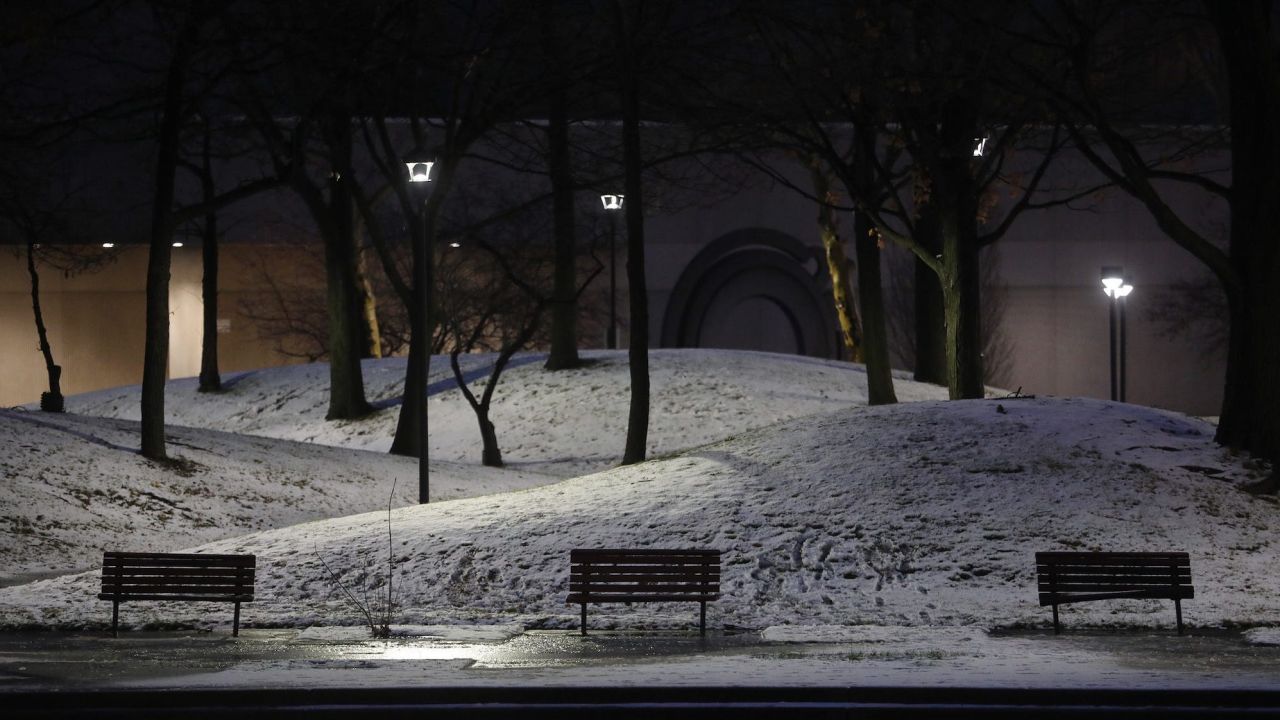 Snow in Martin Luther King Jr. Memorial Park in downtown Rochester, New York, on Friday.