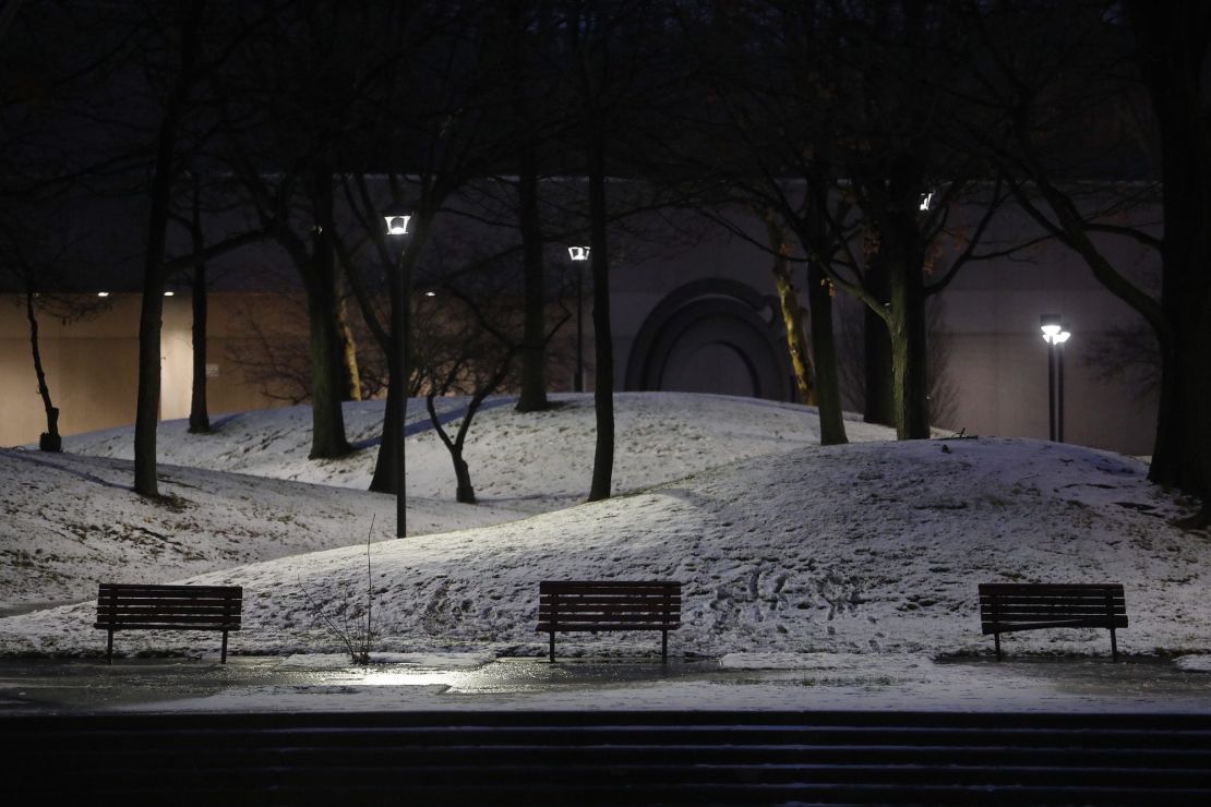 Snow in Martin Luther King Jr. Memorial Park in downtown Rochester, New York, on Friday.