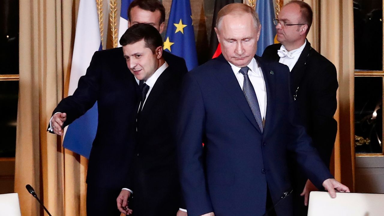 Ukrainian President Volodymyr Zelensky and Russian President Vladimir Putin's first in person meeting, Paris, December 2019.