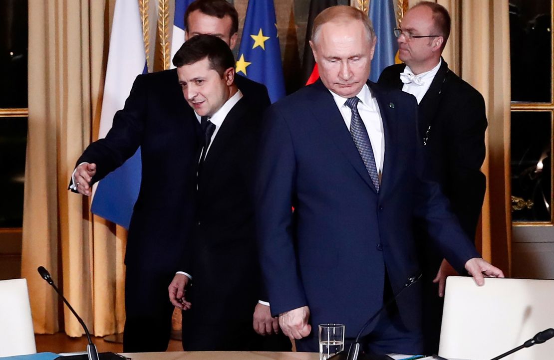 Ukrainian President Volodymyr Zelensky and Russian President Vladimir Putin's first in person meeting, Paris, December 2019.  