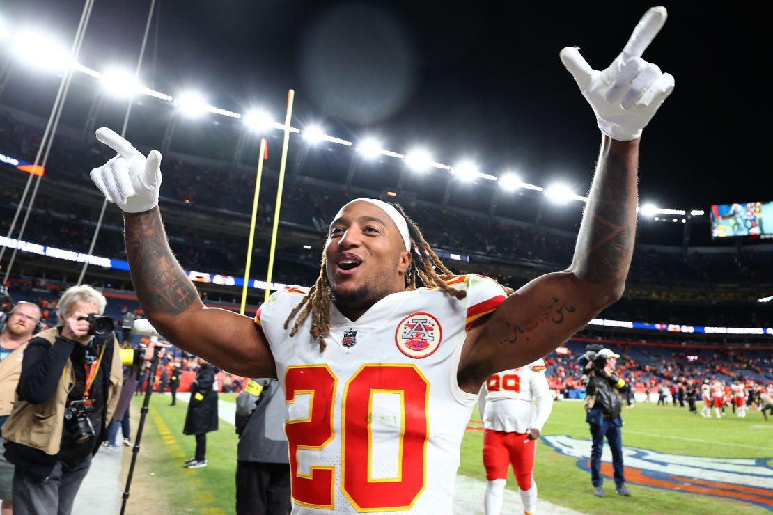 Justin Reid of the Chiefs celebrates after victory over the Denver Broncos on Sunday.