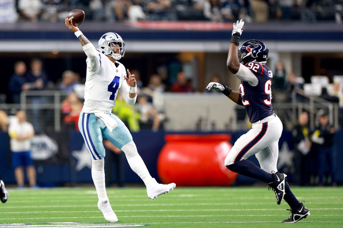 Cowboys quarterback Dak Prescott throws a pass en route to a 27-23 victory over the Houston Texans on Sunday.