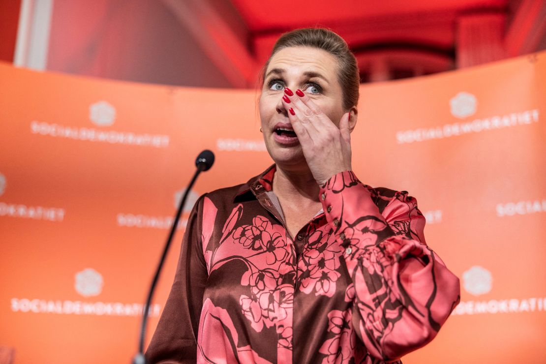 Denmark's Prime Minister and head of the the Social Democratic Party, Mette Frederiksen, speaks during the election night at Christiansborg Castle in Copenhagen, on November 2, 2022.   