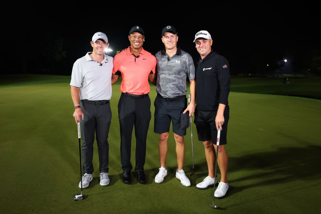 (L-R) McIlroy, Woods, Spieth and Thomas pose together.
