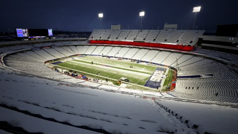 A view of Highmark Stadium covered in snow prior to an NFL game between the Miami Dolphins and the Buffalo Bills Saturday in Orchard Park, New York.