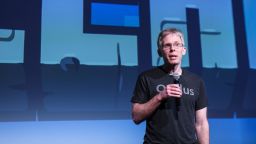 John Carmack, CTO of Oculus VR, makes a brief statement during a press demonstration of the Minecraft for Gear VR at The Village event space in San Francisco, California on March 15, 2016.