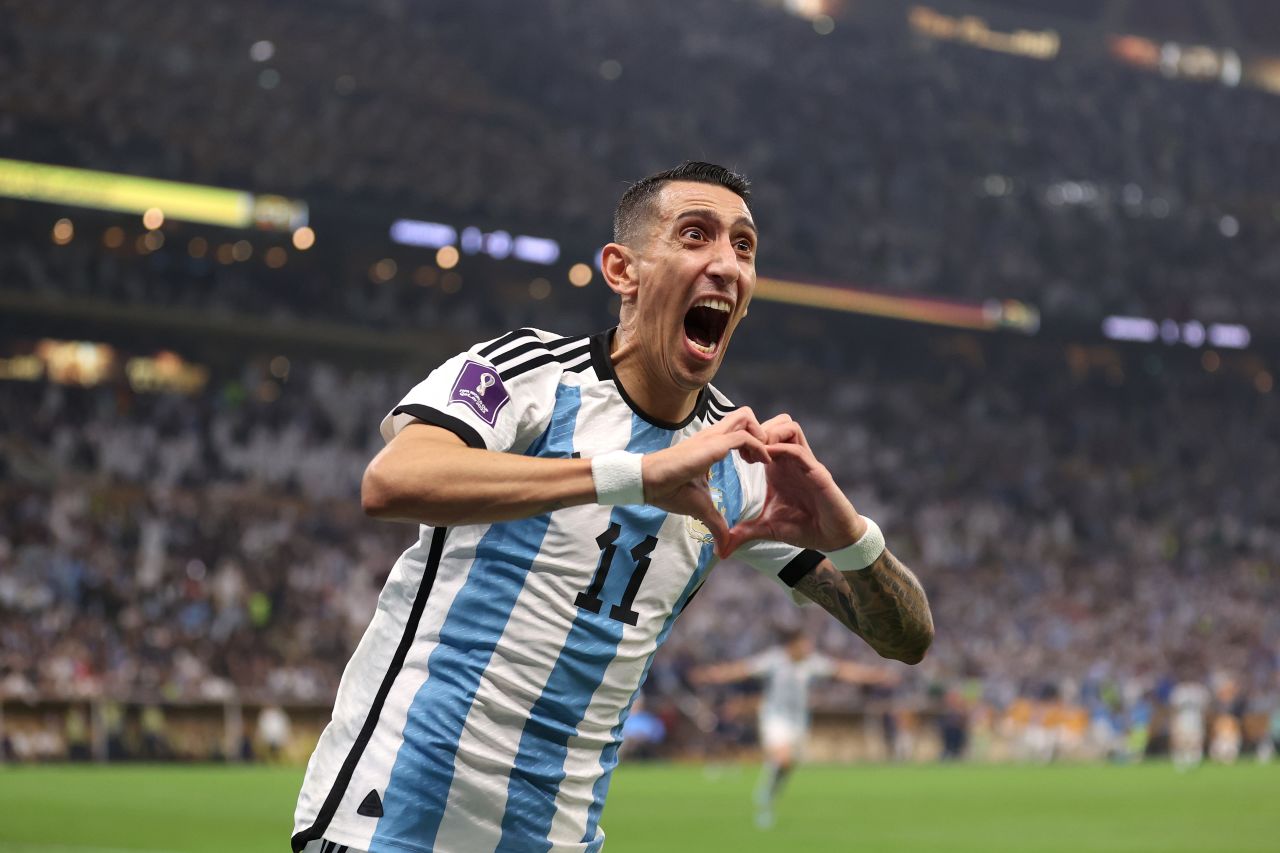 Angel Di Maria celebrates after scoring Argentina's second goal in the first half. Argentina led 2-0 at halftime.