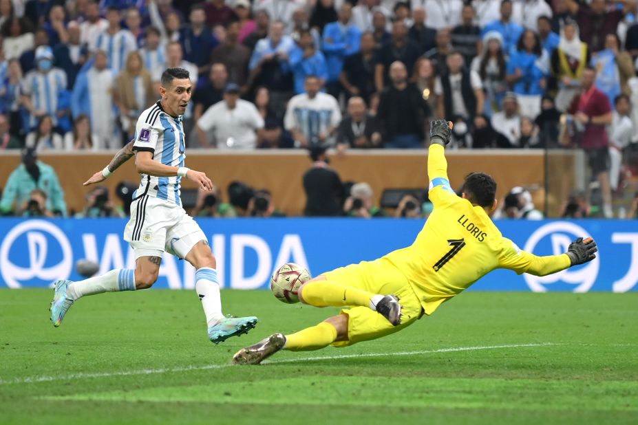 Di Maria slots the ball past France goalkeeper Hugo Lloris, finishing an Argentina counterattack for the 2-0 lead.
