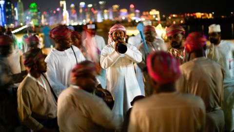 A musician from Oman perform traditional music at the Corniche sea promenade in Doha, Qatar, Saturday, Nov. 26, 2022.