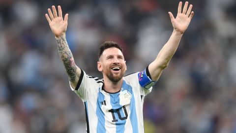 Messi takes in the adulation of the crowd after scoring his penalty.