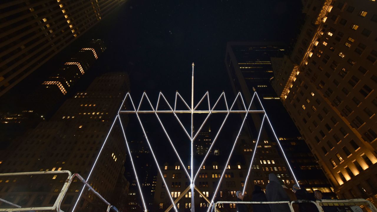 The world's largest menorah is lit on the first night of Hanukkah at Grand Army Plaza in New York, NY, on December 22, 2019. 