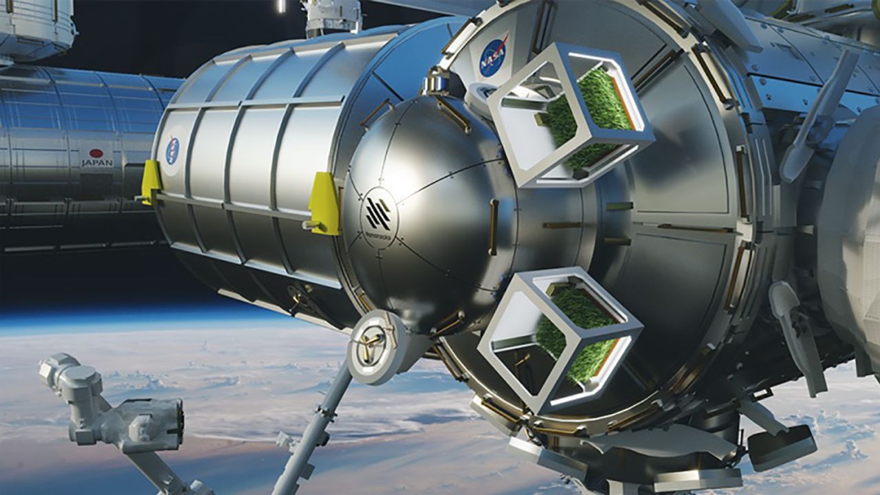 Seeds will be grown on external docking platforms at space stations, shown here in a rendering.