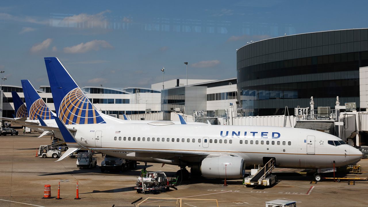 A United Airlines aircraft parked at the gate at George Bush Intercontinental Airport, Saturday, Sept. 24, 2022 in Houston. (Matt Patterson via AP)