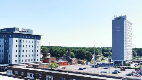 Vista Tower, right, in Stevenage. Britons living in unsafe buildings remain haunted by the memory of Grenfell.