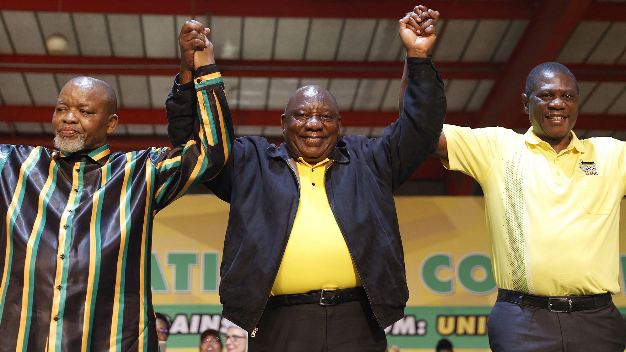 South African President Cyril Ramaphosa (center) recently survived a move to start impeachment proceedings against him.
