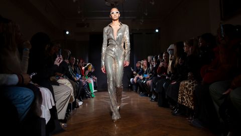 Silvery, techno-inspired looks are back, like this outfit from designer LaQuan Smith. 