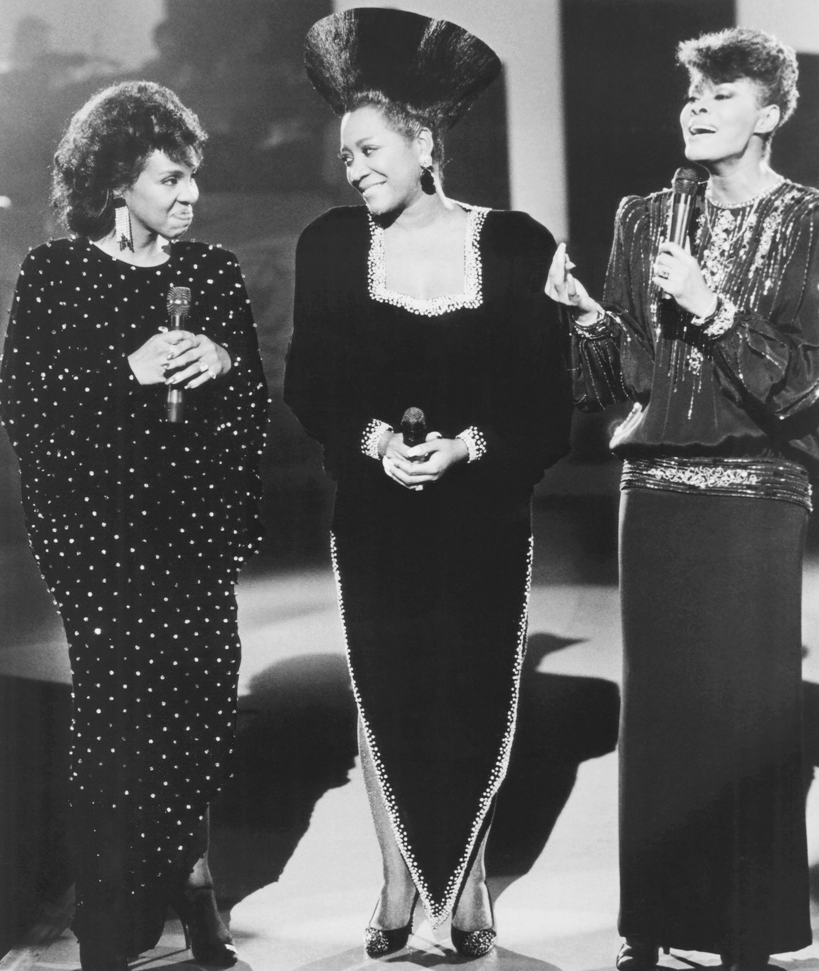 From left, Knight, Patti LaBelle and Warwick perform during 'Sisters In The Name of Love' concert special in 1986.