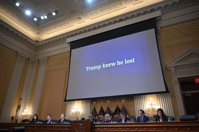 A screen above the committee reads "Trump knew he lost" as the panel summarizes its various findings on Monday.