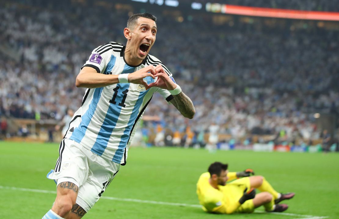 Di María celebrates after he scored Argentina's second goal against France in the World Cup final.