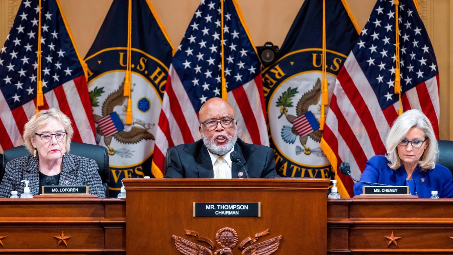 Committee Chairman Rep. Bennie Thompson speaks alongside Rep. Zoe Lofgren, at left, and Rep. Liz Cheney, at right, in the Canon House Office Building on Capitol Hill on December 19, 2022 in Washington, DC. 