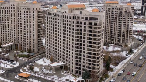 An aerial shot shows the scene of a fatal mass shooting at a condominium building in Vaughan, Ontario.