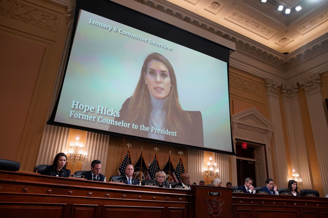 Hope Hicks, former senior adviser to President Donald Trump, displayed on a screen during a hearing of the Select Committee to Investigate the January 6th Attack on the US Capitol in Washington, DC, US, on Monday, Dec. 19, 2022. The committee investigating the deadly Jan. 6 Capitol insurrection will complete its 17-month probe with votes on recommendations for the first-ever criminal prosecution of a former president, with offenses including insurrection. 