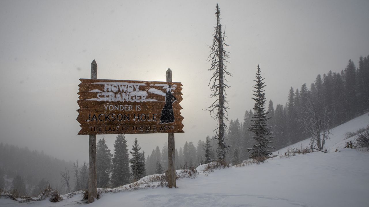 A welcome sign sits at the top of Teton Pass on December 10, 2021, near Jackson Hole in Wyoming. 
