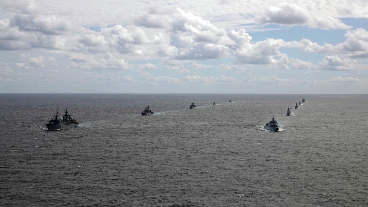 Chinese and Russian naval fleets conduct joint drills on October 23, 2021 in the eastern waters of the East China Sea.