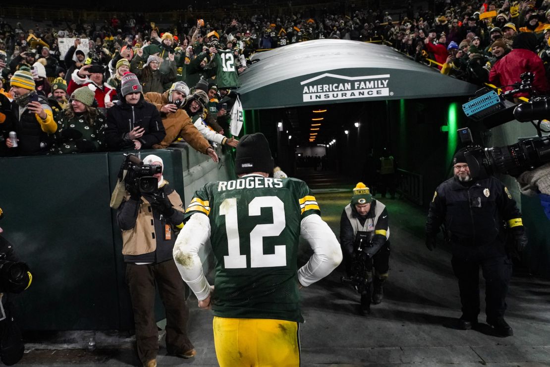 Rodgers leaves the field following the victory over the Rams.