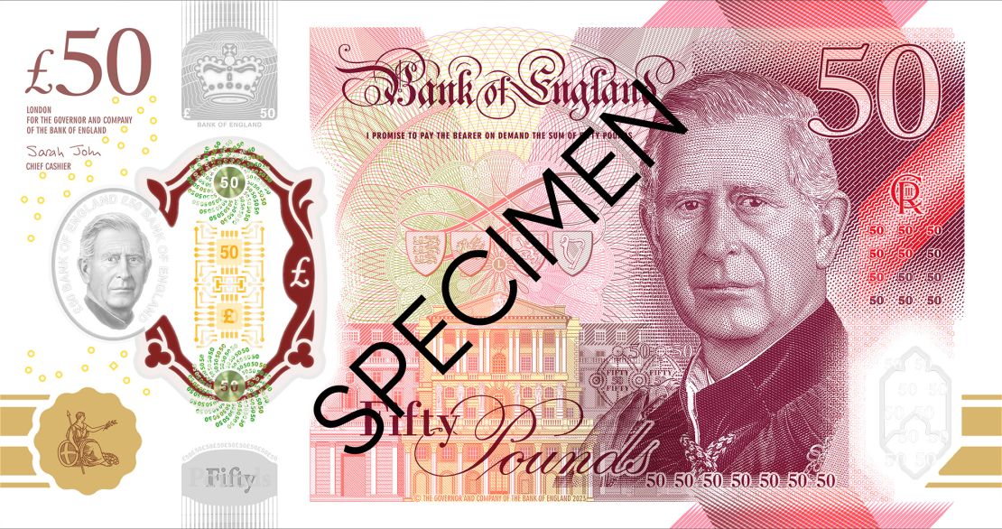 Image of King Charles III on the English £50 note.