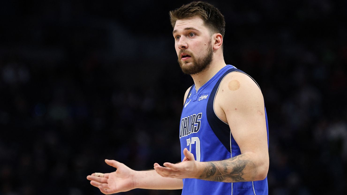 Dončić reacts after being ejected from the game against the Minnesota Timberwolves.