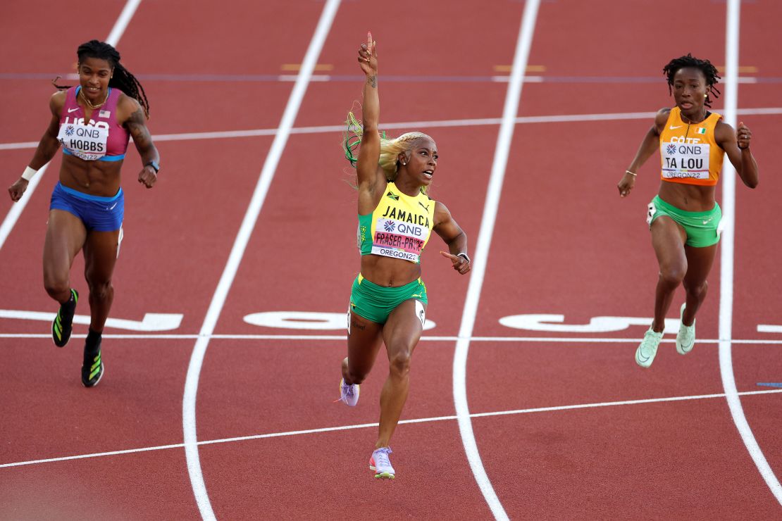 Shelly-Ann Fraser-Pryce celebrates winning the women's 100m final at the World Athletics Championships in  Eugene, Oregon, in July.