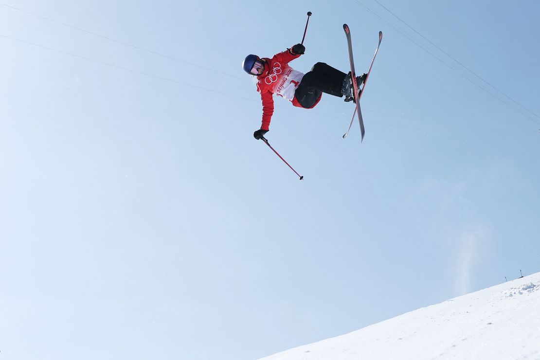 Eileen Gu performs a trick during the women's freestyle freeski halfpipe final at the Beijing Winter Olympics in February.