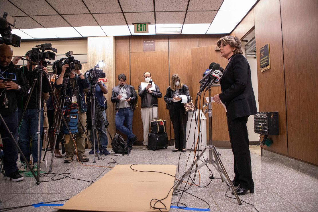 Attorney Gloria Allred converses with reporters after Harvey Weinstein is found guilty of three counts of sexual assault in Los Angeles, on December 19, 2022. 
