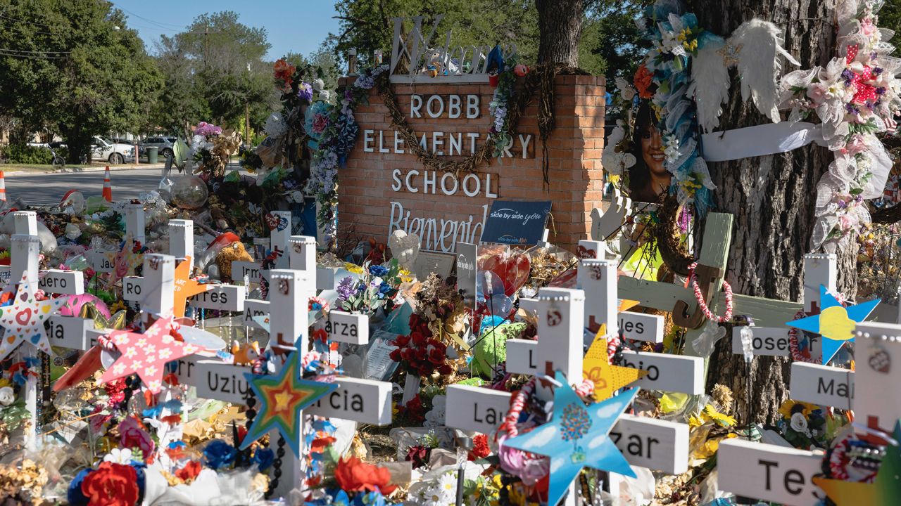 A memorial for the massacre at Robb Elementary School as it looked on June 24, 2022 in Uvalde, Texas.