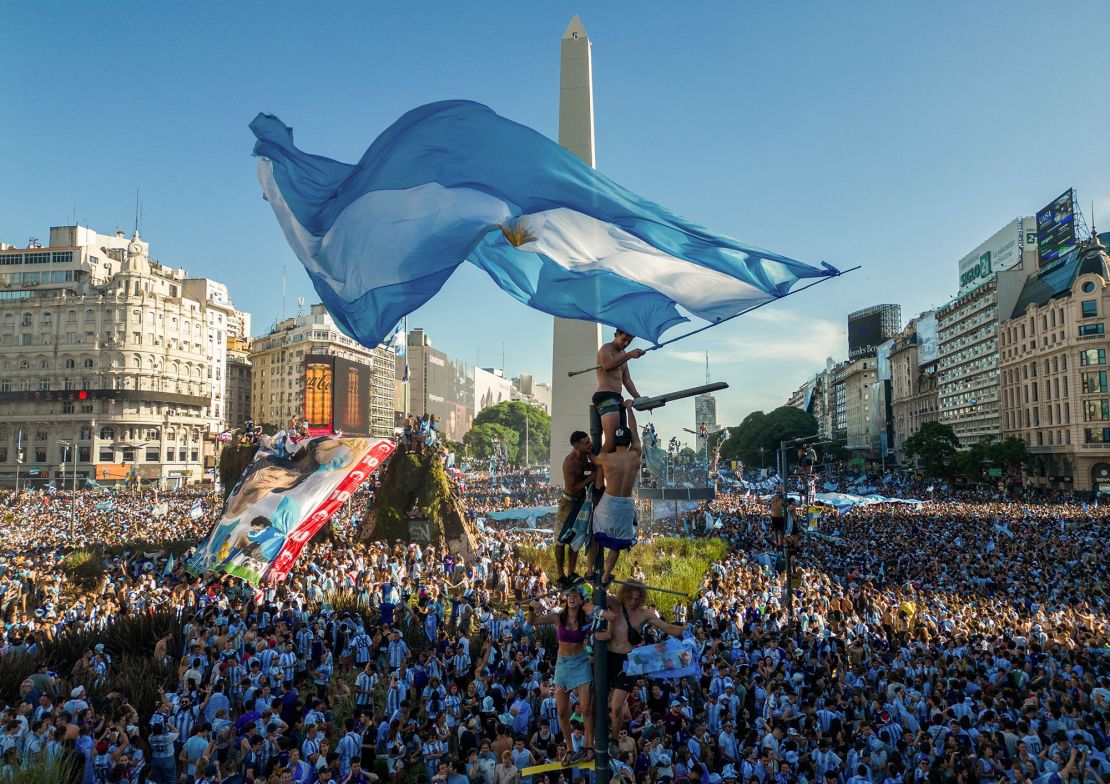 Argentina fans celebrate winning the World Cup at the Obelisk in Buenos Aires.
