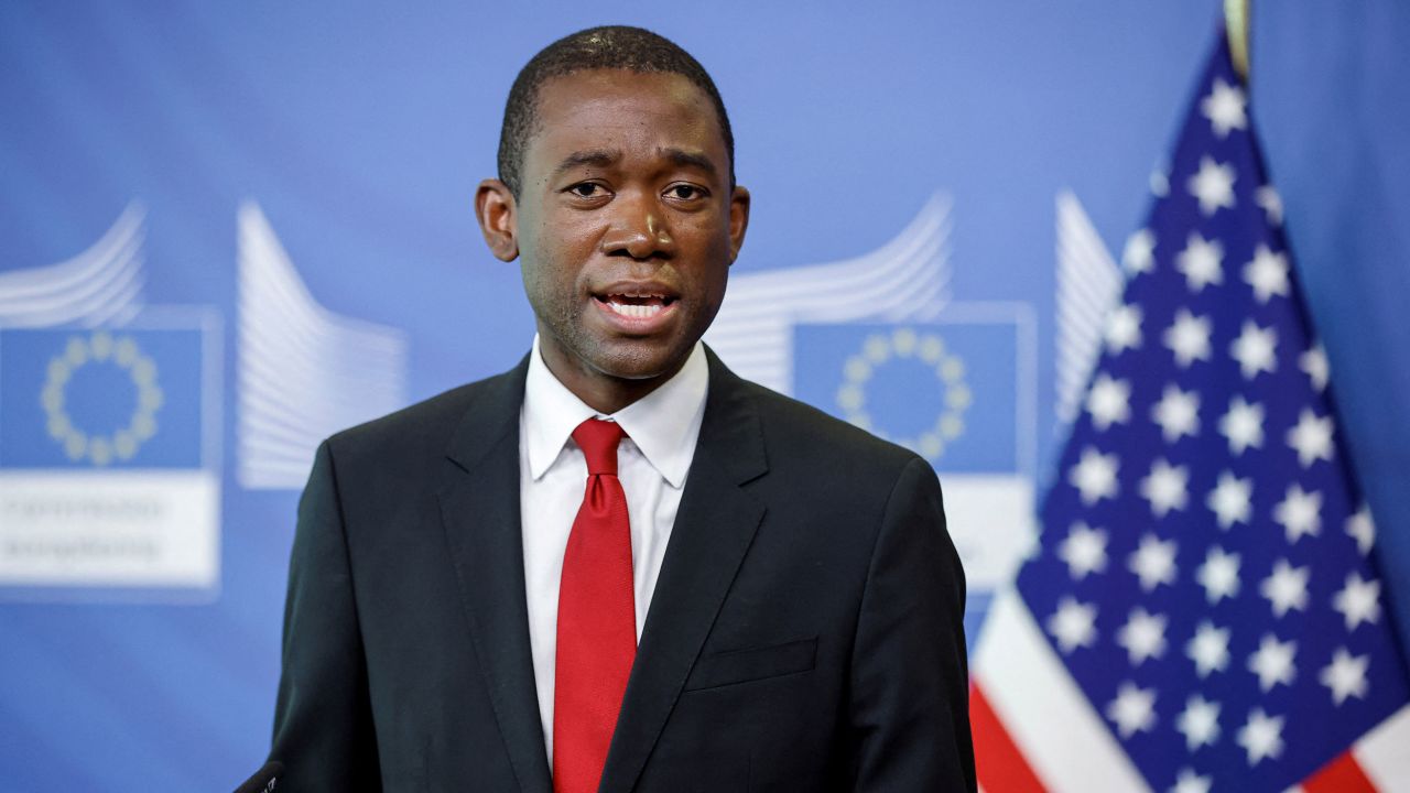 US Deputy Treasury Secretary Wally Adeyemo speaks during a joint news conference in Brussels on March 29, 2022. 