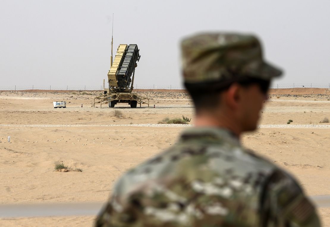 In this February 20, 2020 file photo, a member of the US Air Force stands near a Patriot missile battery at the Prince Sultan Air Base in al-Kharj, Saudi Arabia.