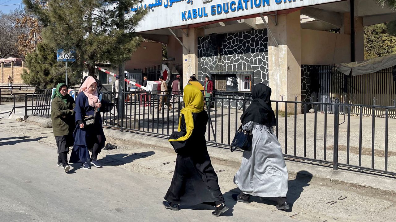 Female students walk in front of the Kabul Education University in Kabul, Afghanistan, February 26, 2022. REUTERS/Stringer