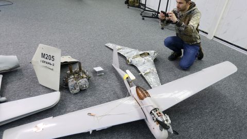 Parts of a drone used by Russia against Ukraine, as seen during a media briefing in Kyiv, Ukraine, December 15, 2022.
