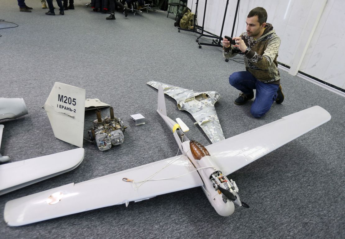 Parts of a drone used by Russia against Ukraine, as seen during a media briefing in Kyiv, Ukraine, December 15, 2022.