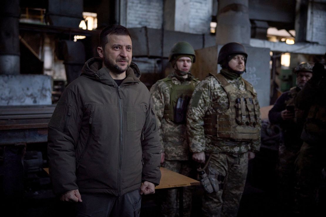 President Zelenskiy visits Ukrainian service members at their position in the frontline town of Bakhmut.