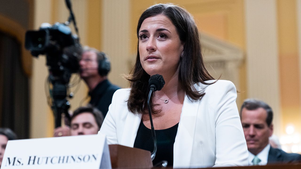 UNITED STATES - JUNE 28: Cassidy Hutchinson, an aide to former White House Chief of Staff Mark Meadows, testifies during the Select Committee to Investigate the January 6th Attack on the United States Capitol hearing to present previously unseen material and hear witness testimony in Cannon Building, on Tuesday, June 28, 2022.  (Tom Williams/CQ-Roll Call, Inc via Getty Images)