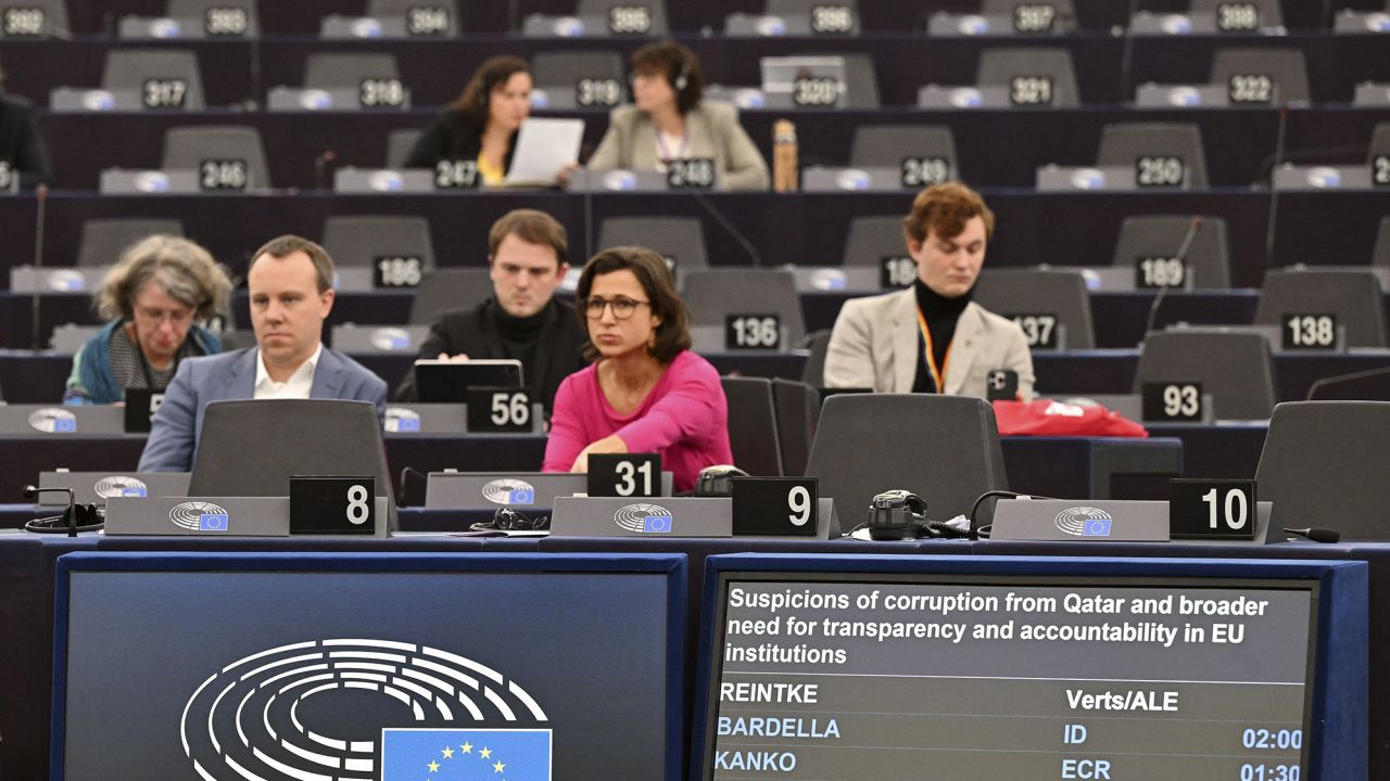 Members of the European Parliament attend a debate entitled "Suspicions of corruption from Qatar and broader need for transparency and accountability in EU institutions" at the European Parliament in Strasbourg on December 13.