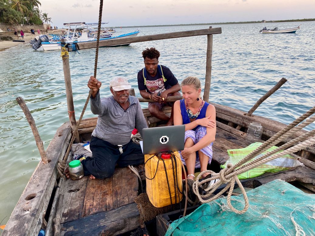Mzee Hassani, one of the fishermen interviewed for the film, watches it for the first time from his dhow with Elke Bertolli. Having been born and brought up in Lamu, Elke has known the fishermen her whole life, and Hassani was a great friend of her father's.